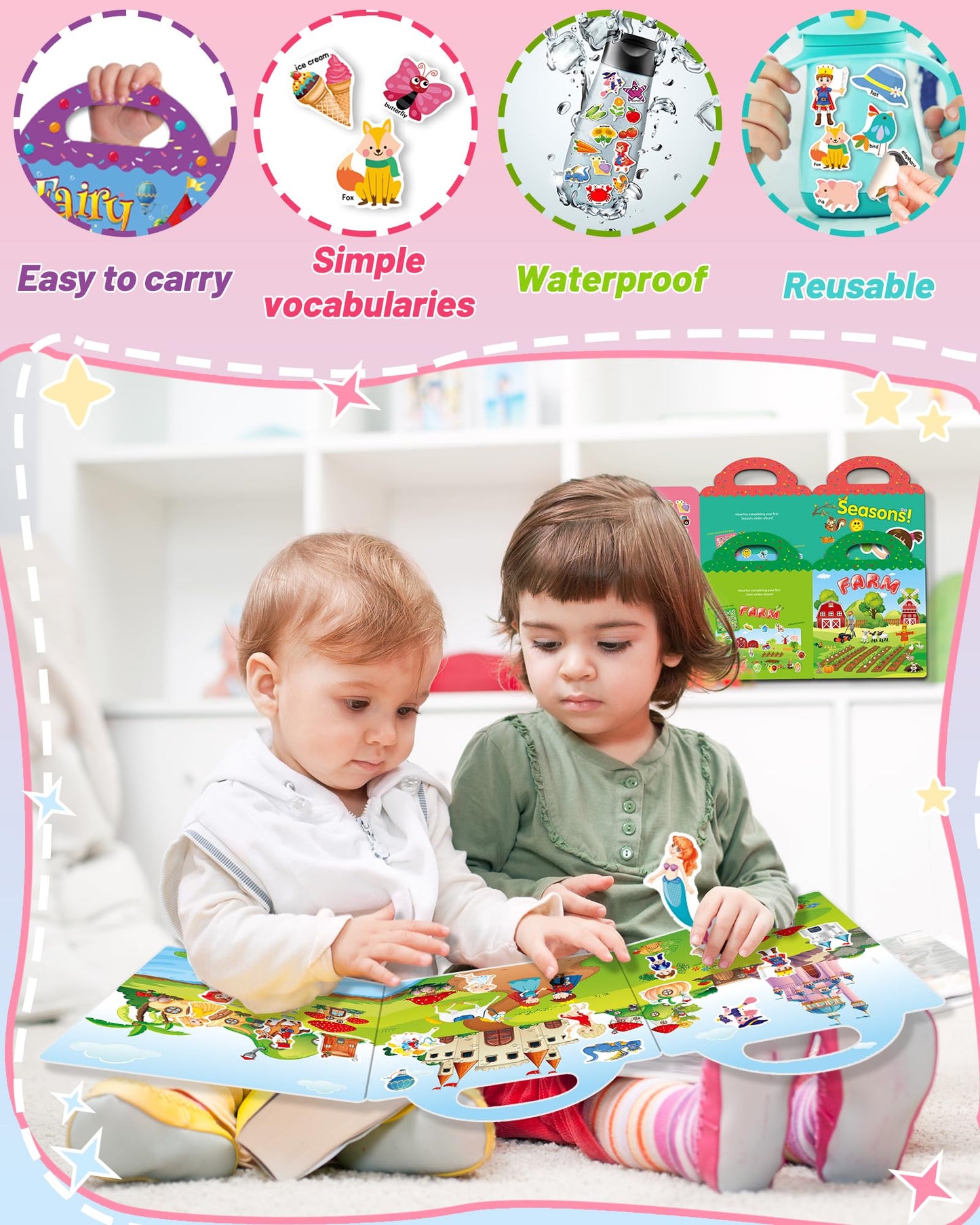 Oomloid 3-Pack Reusable Sticker Book for Toddlers – Farm, Fairy Tale & Seasons
