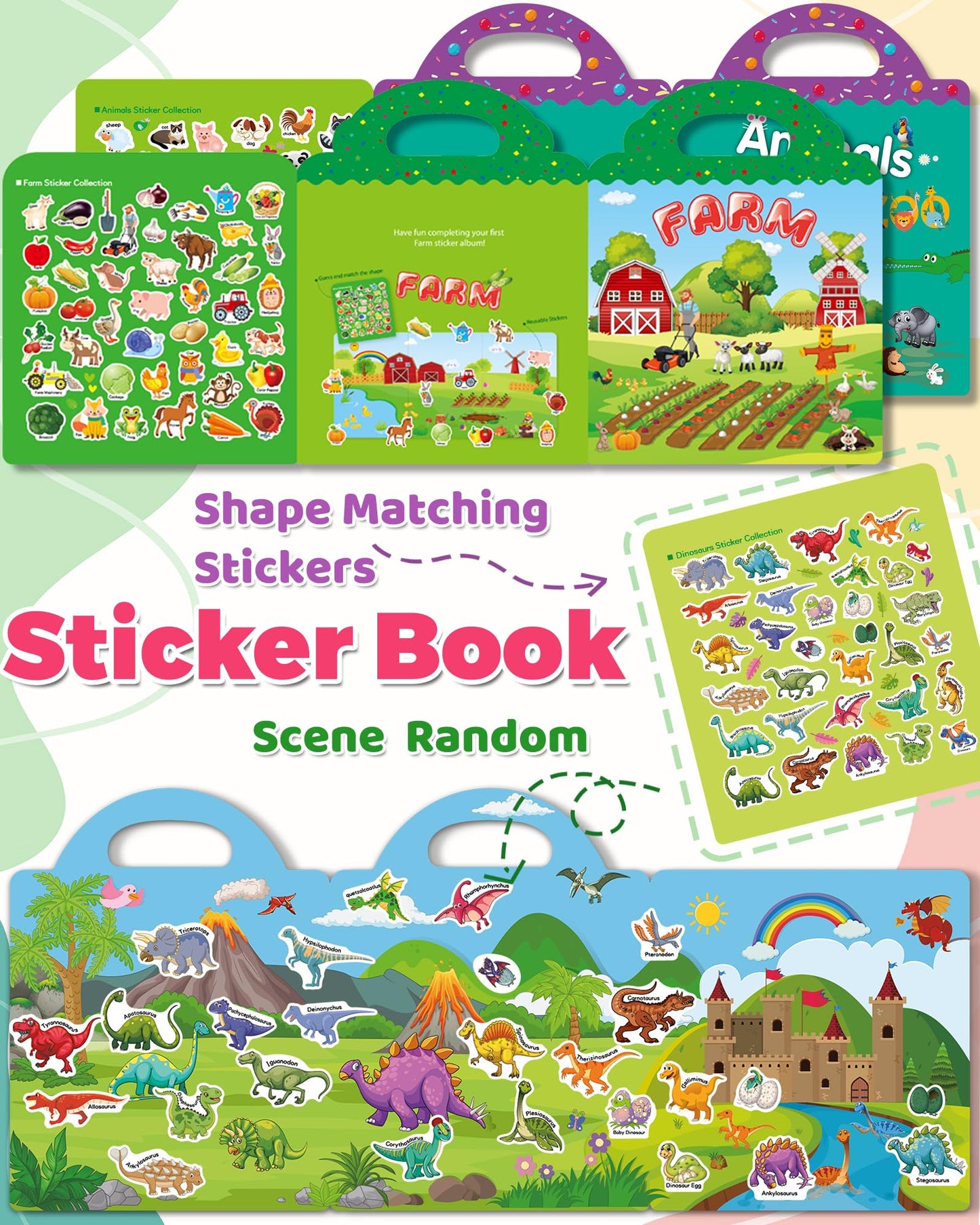 Oomloid 3 Pack Reusable Sticker Book for Toddlers – Farm, Dinosaurs & Animals | Travel & Gift
