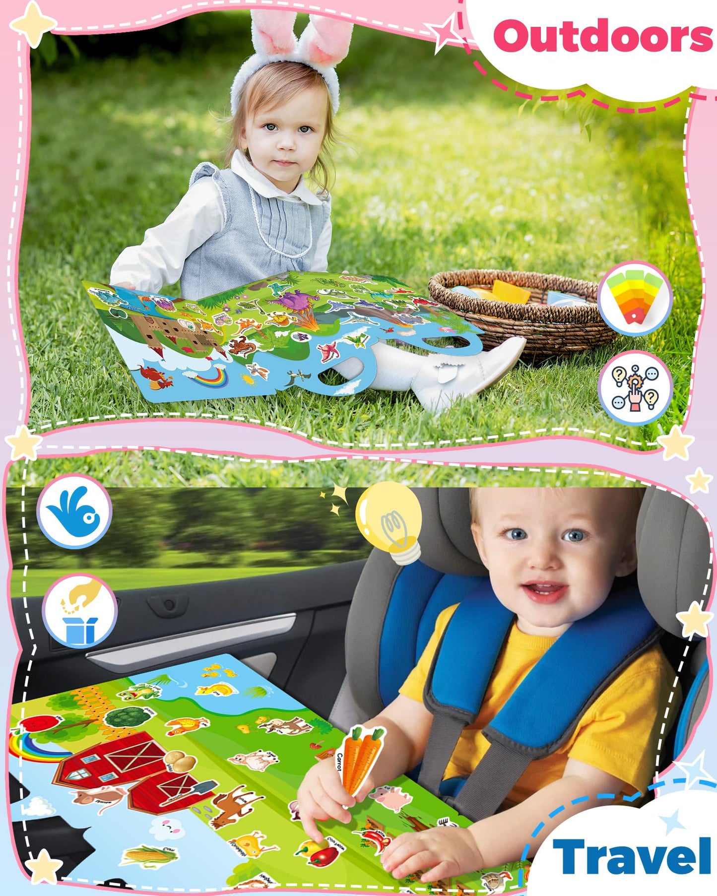 Oomloid 3 Pack Reusable Sticker Book for Toddlers – Farm, Dinosaurs & Animals | Travel & Gift