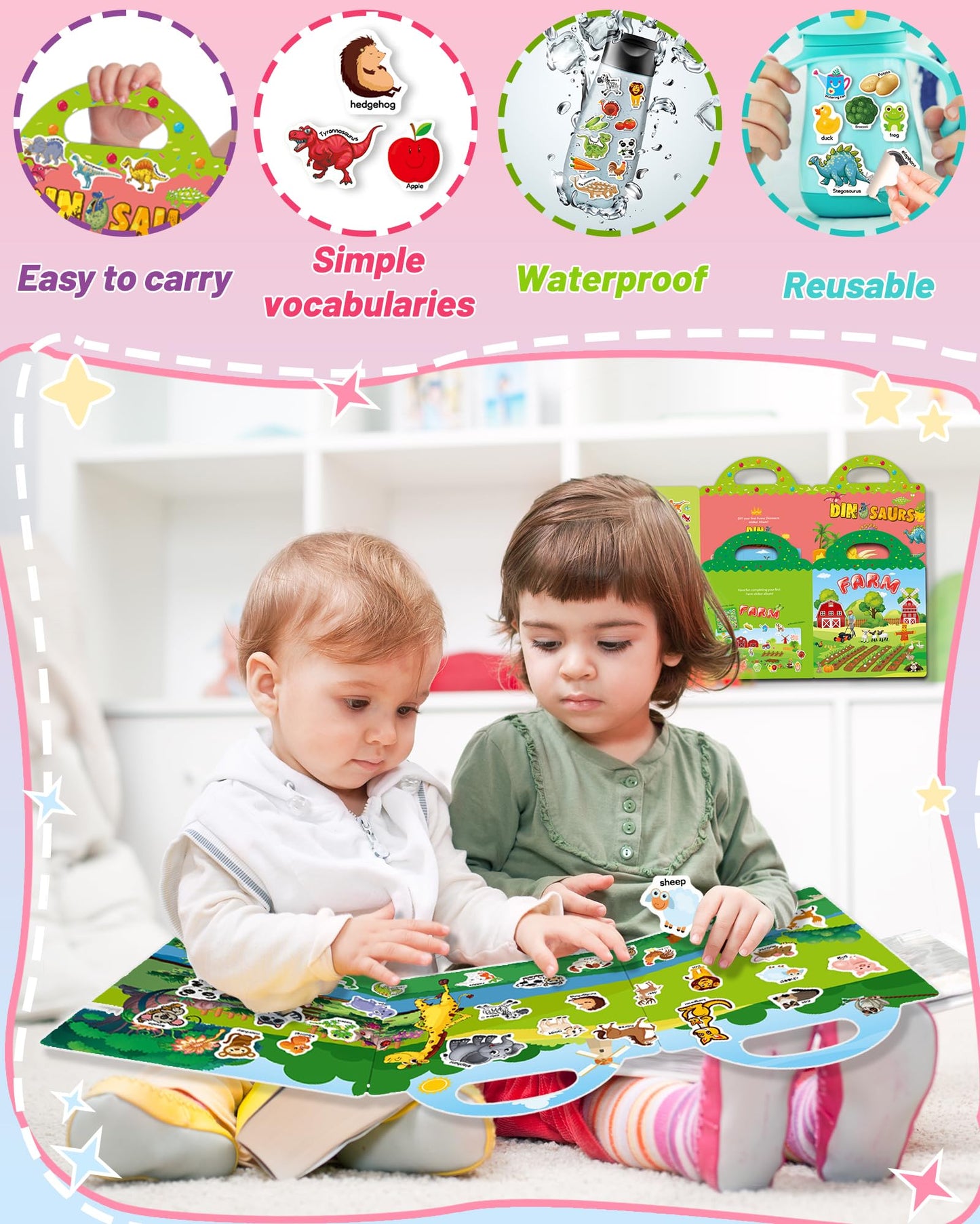 Oomloid 3 Pack Reusable Sticker Book for Toddlers – Farm, Dinosaurs & Animals | Travel & Gift