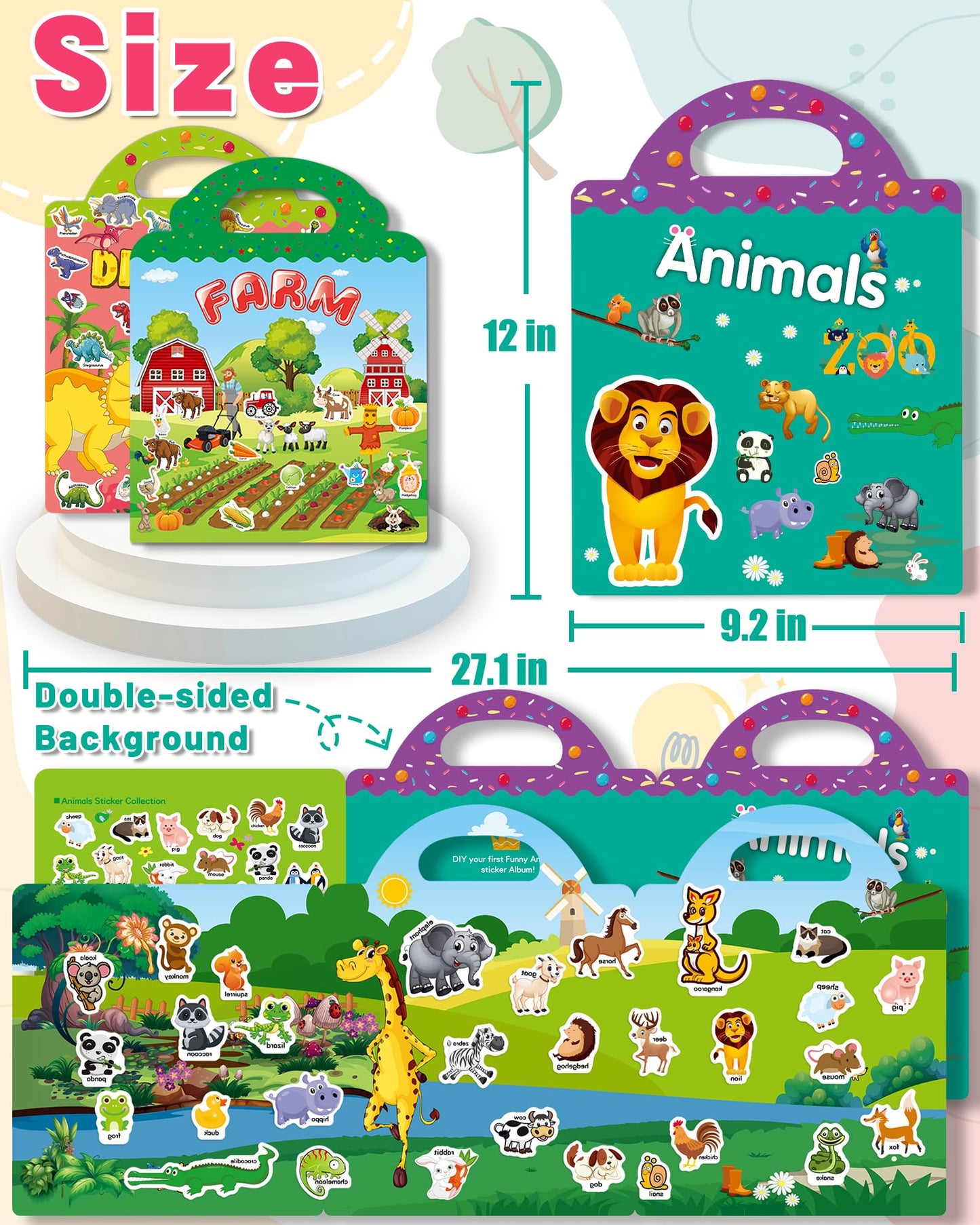 Oomloid 3 Pack Reusable Sticker Book for Toddlers – Farm, Dinosaurs & Animals | Travel & Gift