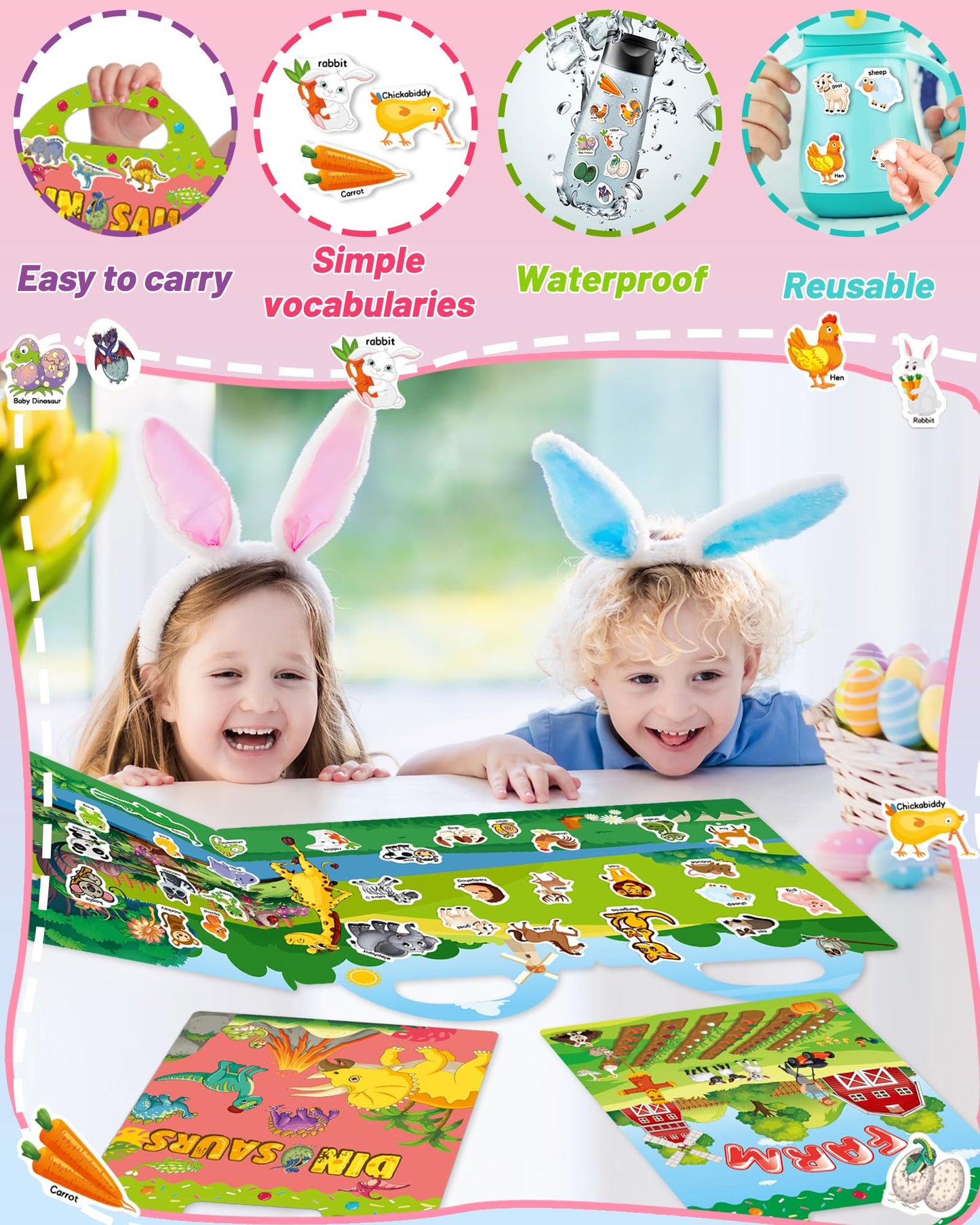 Oomloid 3 Pack Reusable Sticker Book for Toddlers – Farm, Dinosaurs & Animals | Travel & Gift
