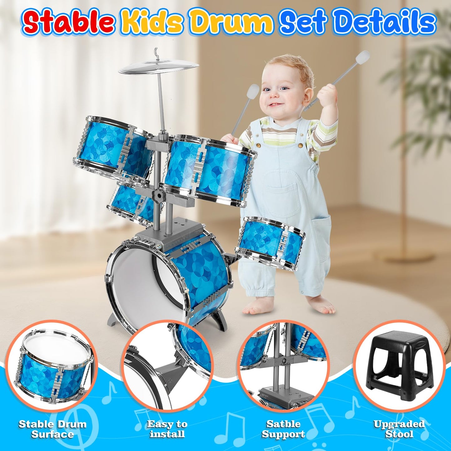 OoneWiser Kids 5-Piece Drum Set for Ages 3-7 | Beginner Friendly Musical Toys