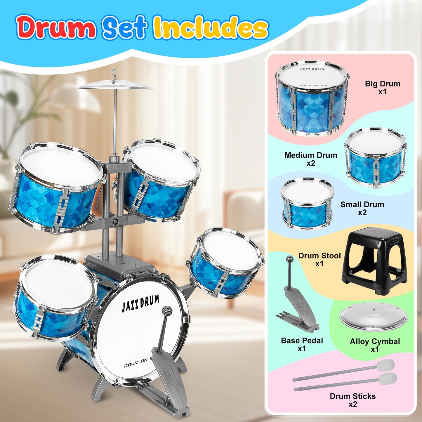 OoneWiser Kids 5-Piece Drum Set for Ages 3-7 | Beginner Friendly Musical Toys