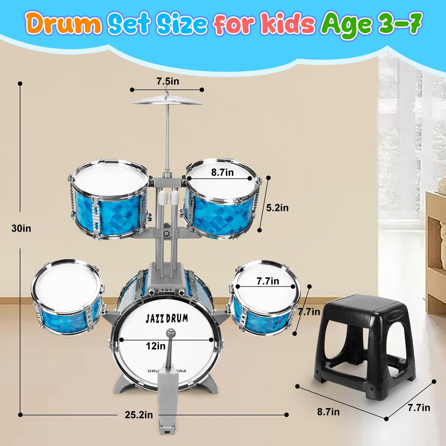 OoneWiser Kids 5-Piece Drum Set for Ages 3-7 | Beginner Friendly Musical Toys