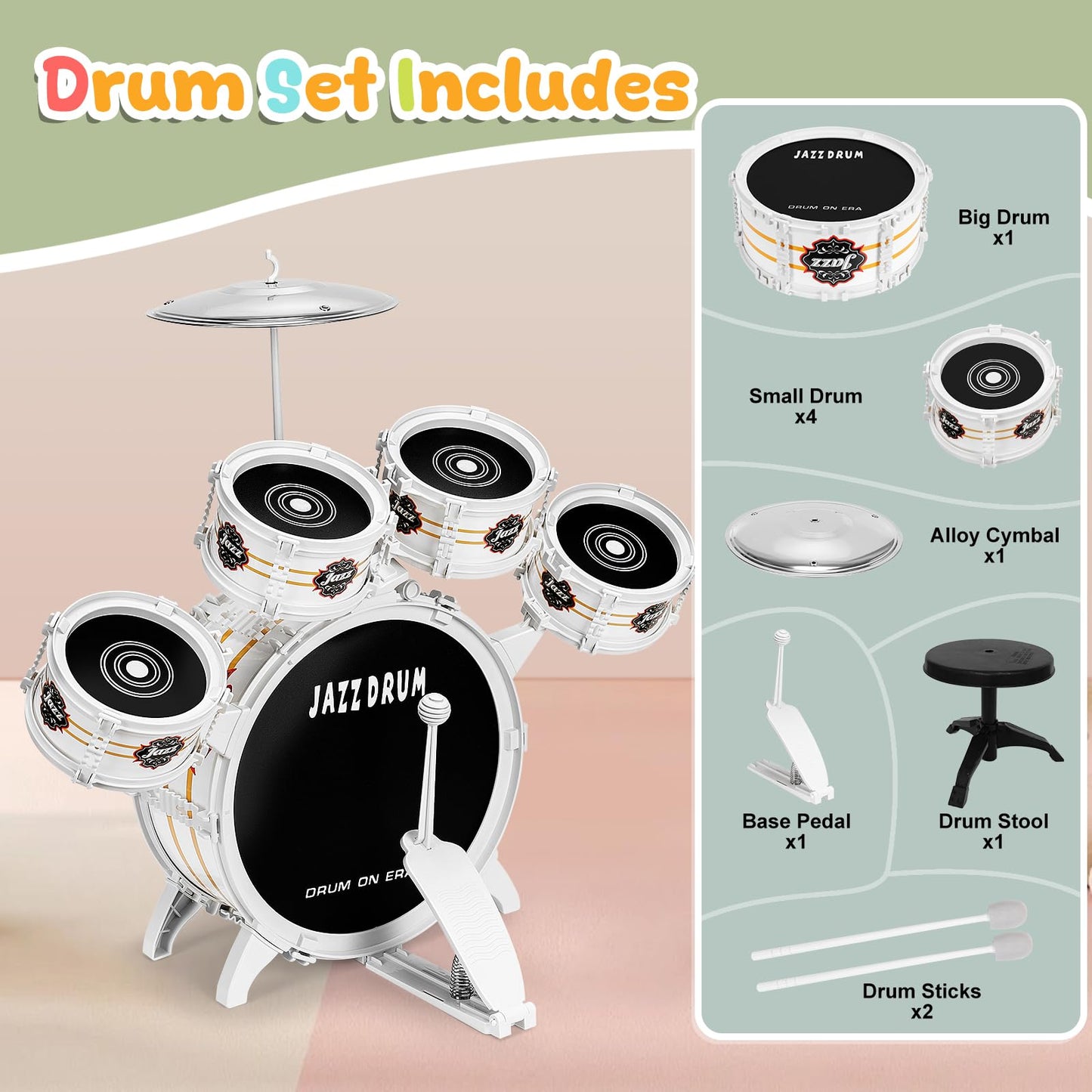 OoneWiser Kids Drum Set – 5-Piece Toddler Drum Kit for Ages 1-5