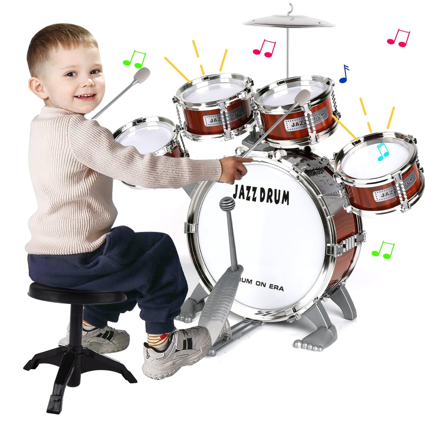 OoneWiser Kids Drum Set for Toddlers 1-5 - 9-Piece Drum Kit with Stool
