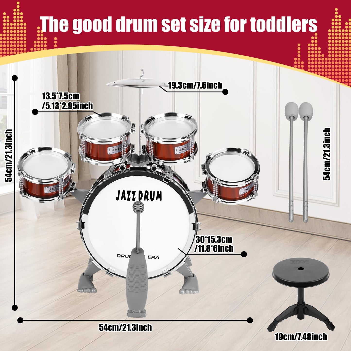 OoneWiser Kids Drum Set for Toddlers 1-5 - 9-Piece Drum Kit with Stool