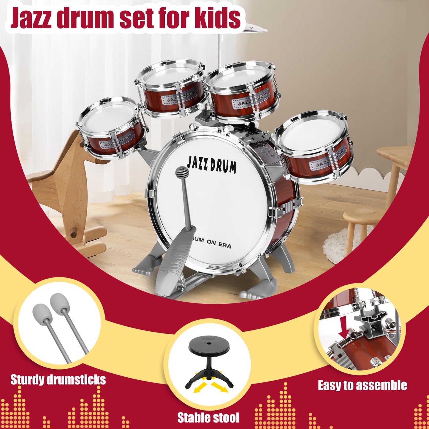 OoneWiser Kids Drum Set for Toddlers 1-5 - 9-Piece Drum Kit with Stool