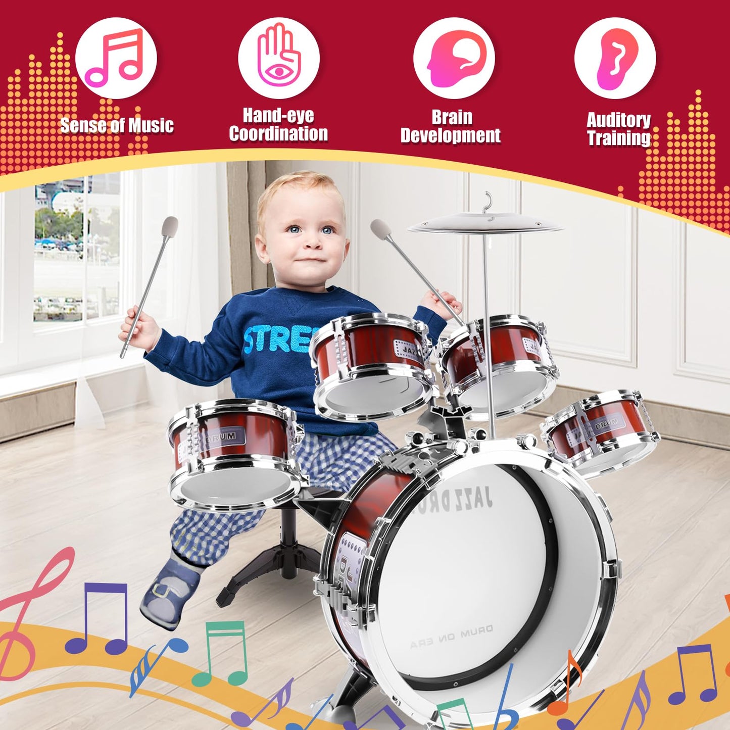 OoneWiser Kids Drum Set for Toddlers 1-5 - 9-Piece Drum Kit with Stool