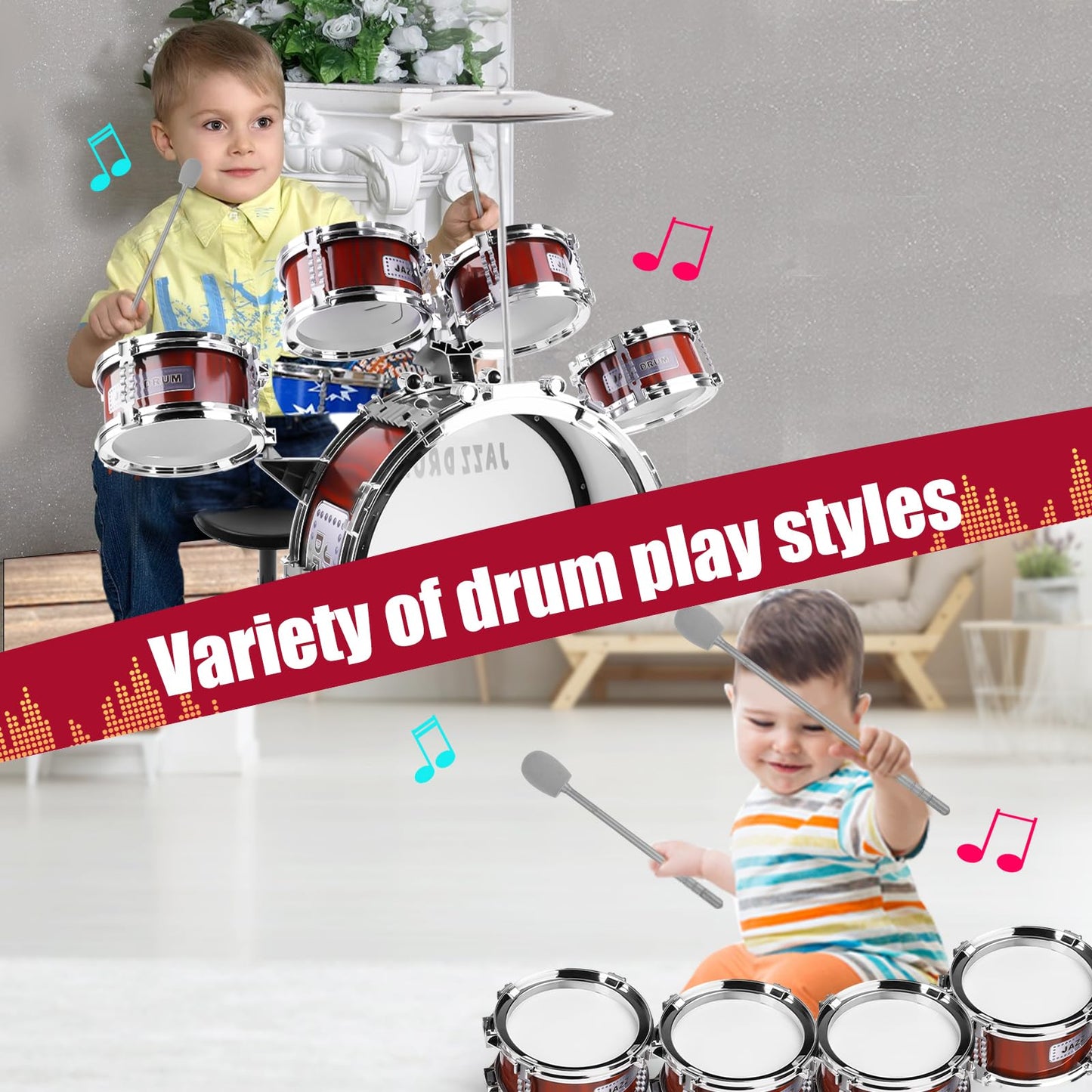 OoneWiser Kids Drum Set for Toddlers 1-5 - 9-Piece Drum Kit with Stool