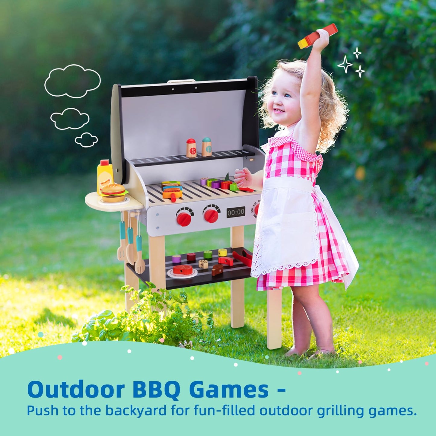OOOK Wooden Play Barbecue Grill – Realistic Pretend Play Toy for Toddlers 3+
