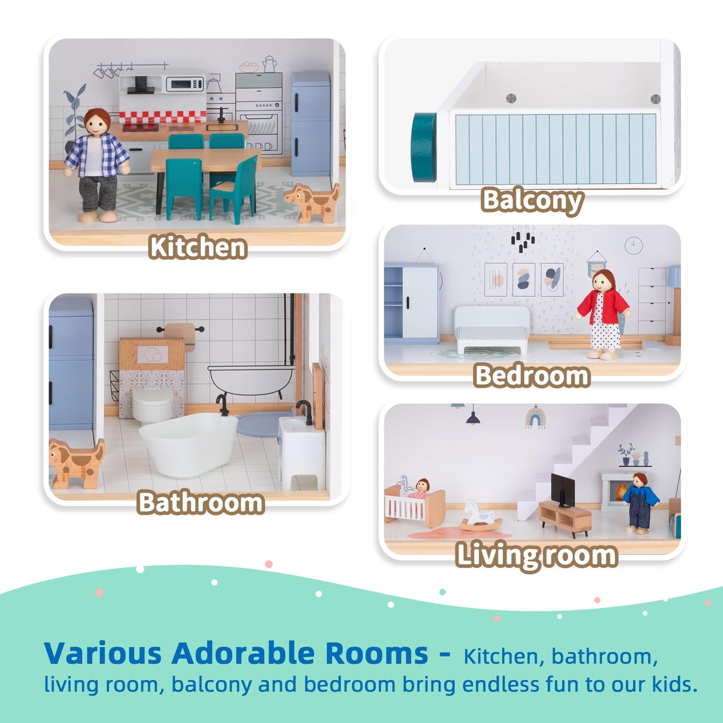 OOOK Wooden Dollhouse with Liftable Elevator — 2.6 ft Modern Playset (21 Furniture Pieces, 4 Dolls, 1 Pet)