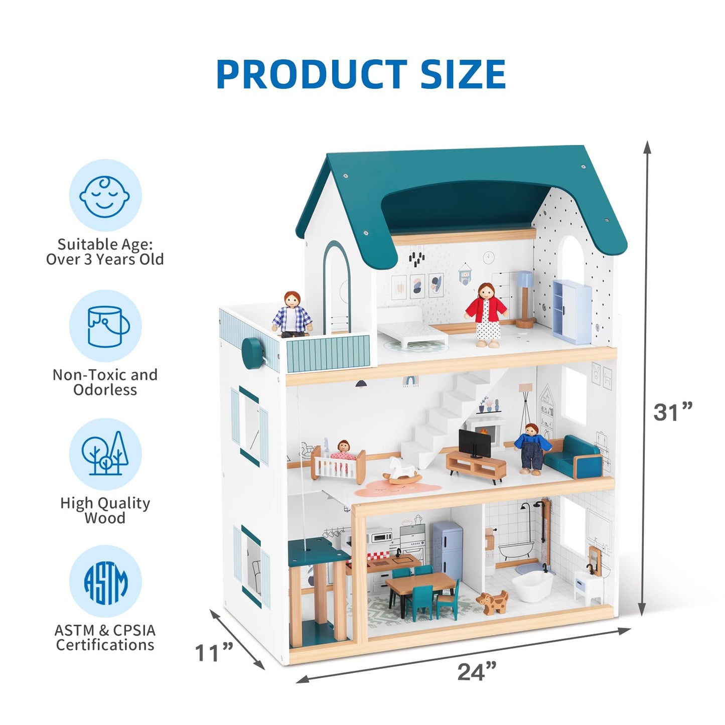 OOOK Wooden Dollhouse with Liftable Elevator — 2.6 ft Modern Playset (21 Furniture Pieces, 4 Dolls, 1 Pet)