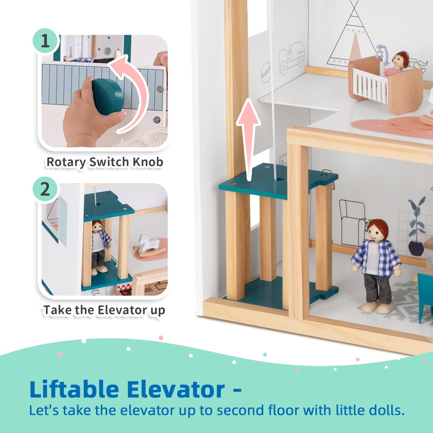 OOOK Wooden Dollhouse with Liftable Elevator — 2.6 ft Modern Playset (21 Furniture Pieces, 4 Dolls, 1 Pet)
