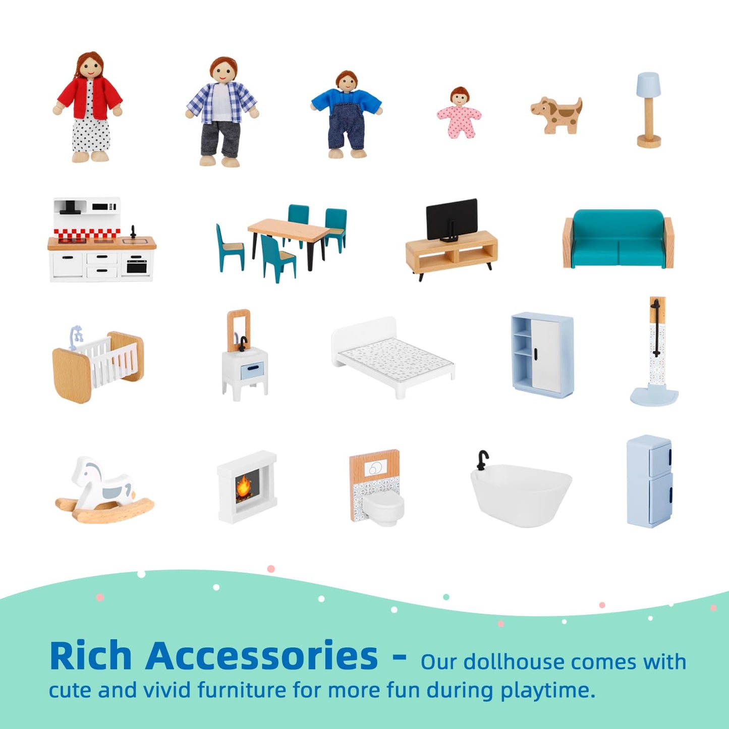 OOOK Wooden Dollhouse with Liftable Elevator — 2.6 ft Modern Playset (21 Furniture Pieces, 4 Dolls, 1 Pet)