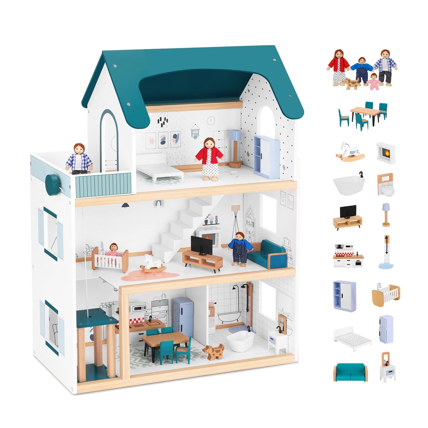 OOOK Wooden Dollhouse with Liftable Elevator — 2.6 ft Modern Playset (21 Furniture Pieces, 4 Dolls, 1 Pet)