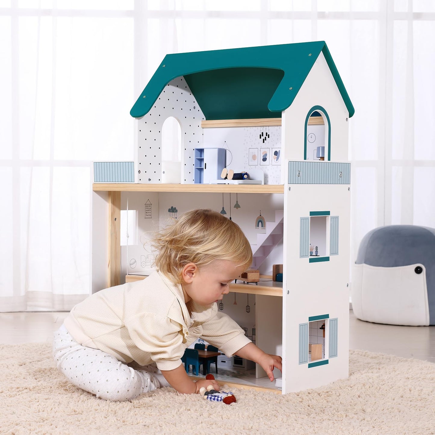 OOOK Wooden Dollhouse with Liftable Elevator — 2.6 ft Modern Playset (21 Furniture Pieces, 4 Dolls, 1 Pet)
