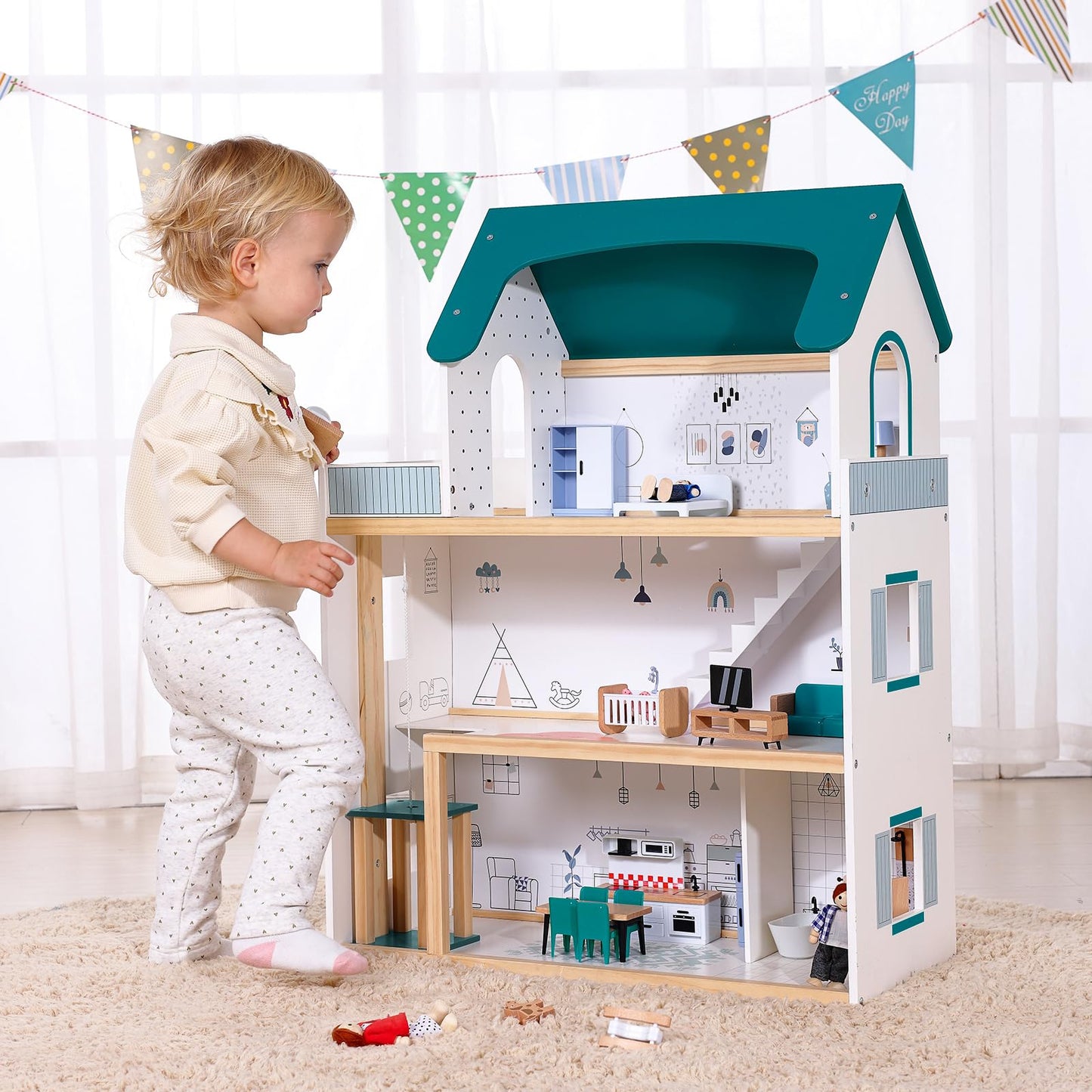 OOOK Wooden Dollhouse with Liftable Elevator — 2.6 ft Modern Playset (21 Furniture Pieces, 4 Dolls, 1 Pet)