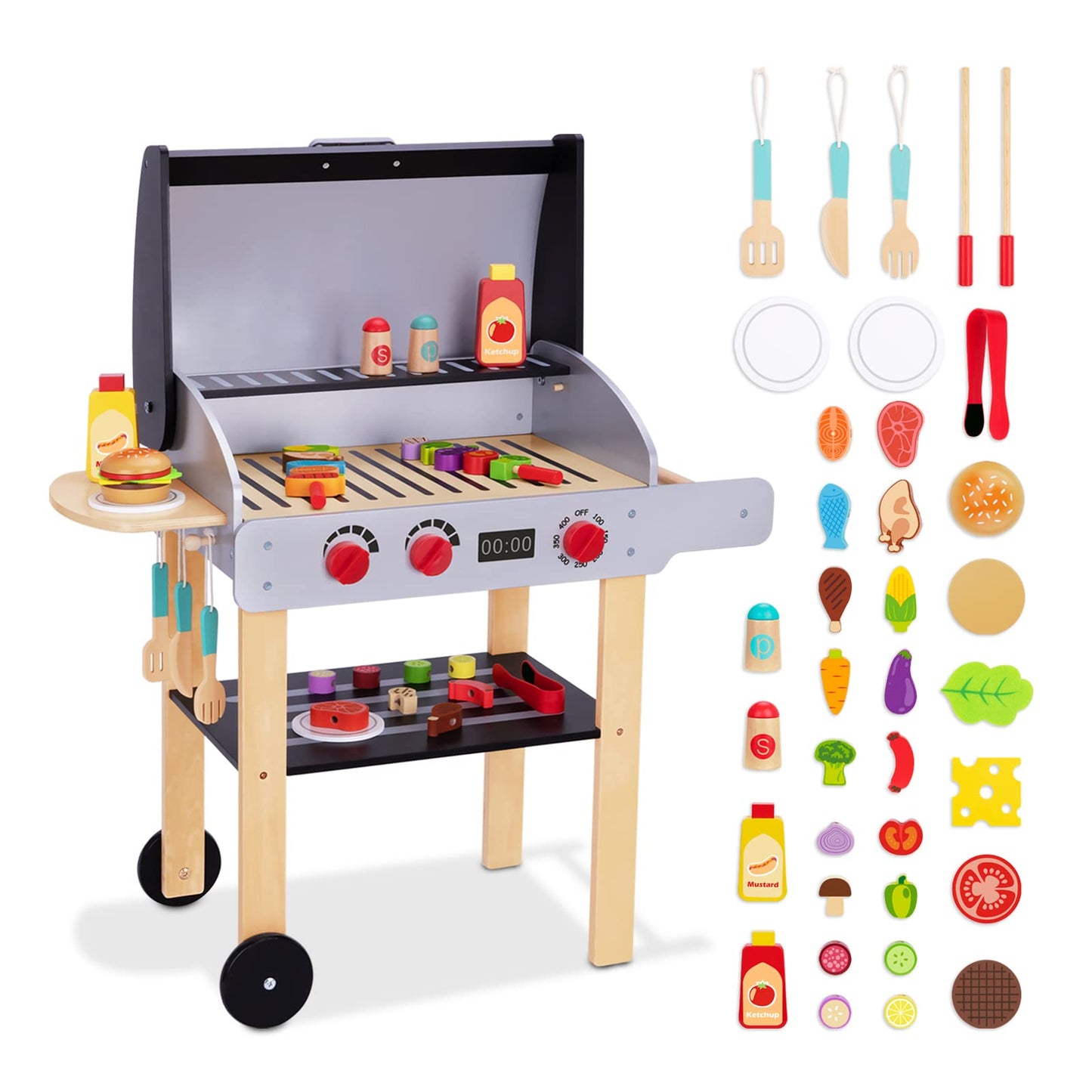 OOOK Wooden Play Barbecue Grill – Realistic Pretend Play Toy for Toddlers 3+