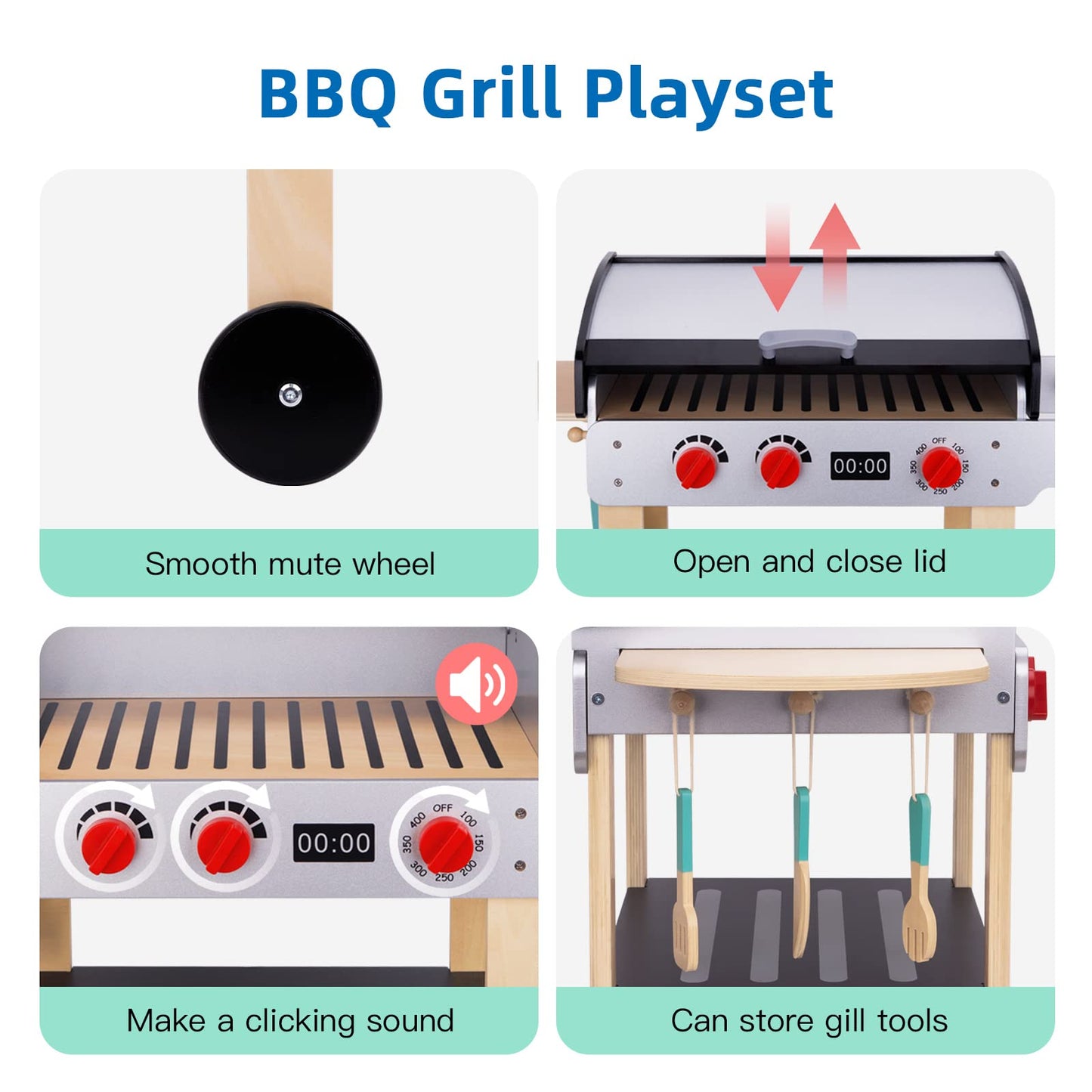 OOOK Wooden Play Barbecue Grill – Realistic Pretend Play Toy for Toddlers 3+