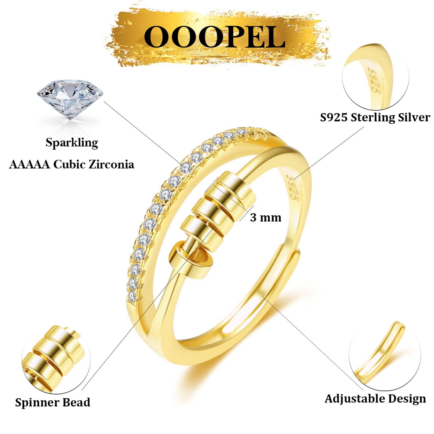 OOOPEL Sterling Silver Anxiety Ring for Women – Adjustable Fidget Spinner with Cubic Zirconia, Gift Box (Gold Finish)