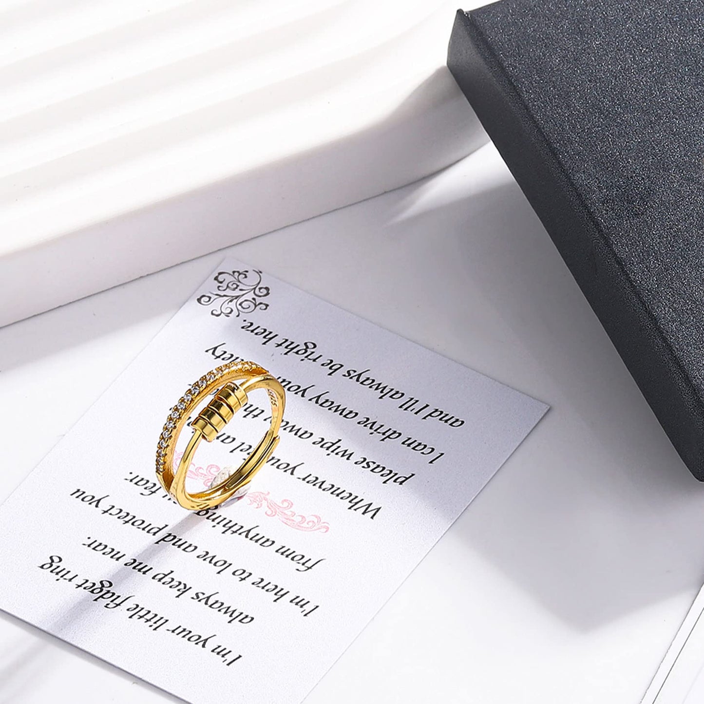 OOOPEL Sterling Silver Anxiety Ring for Women – Adjustable Fidget Spinner with Cubic Zirconia, Gift Box (Gold Finish)
