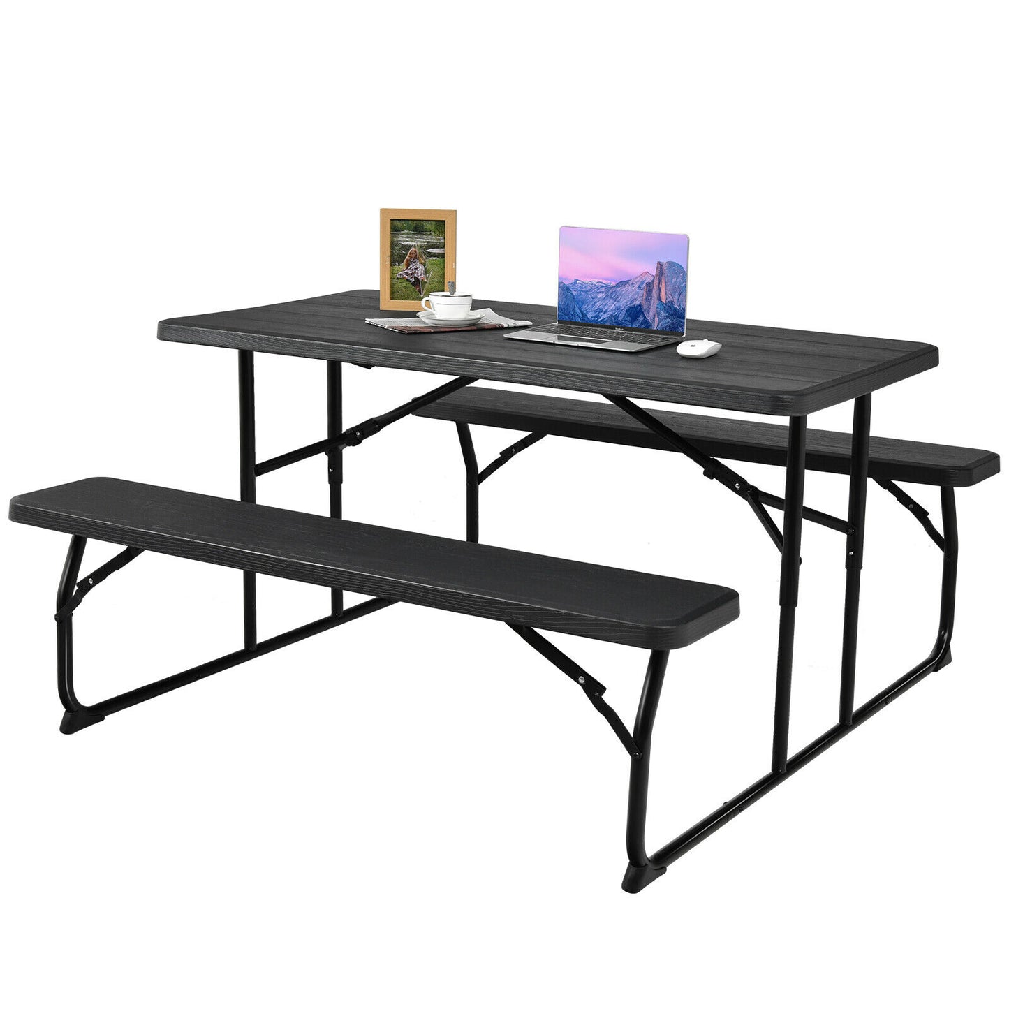 Foldable Picnic Table Bench Set with Anti-slip Pads-Grey
