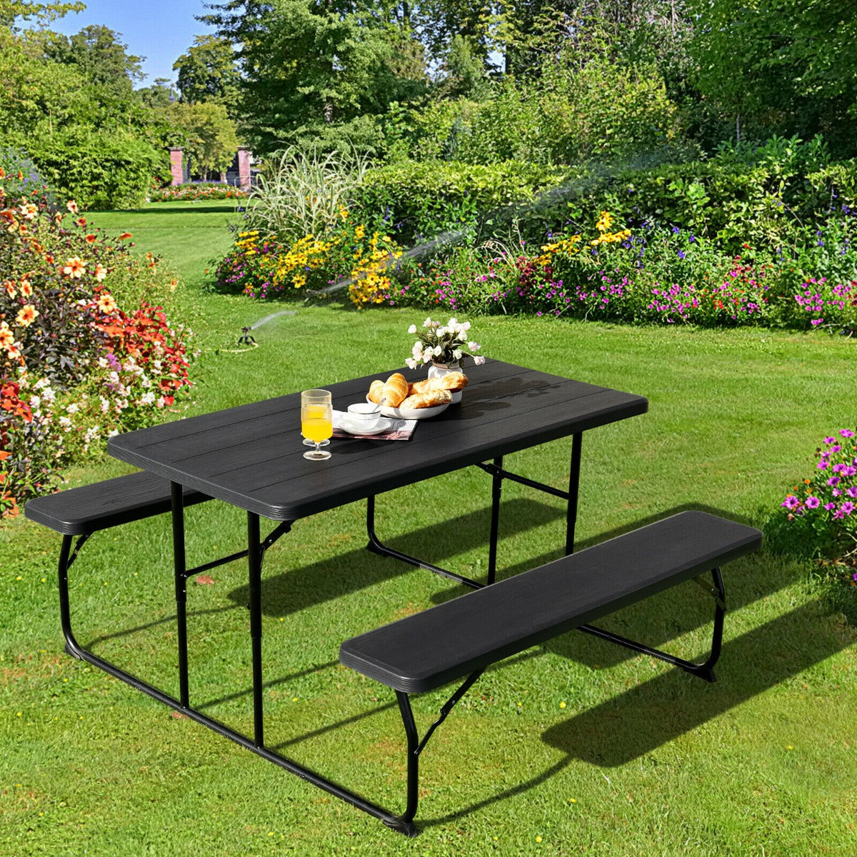 Foldable Picnic Table Bench Set with Anti-slip Pads-Grey