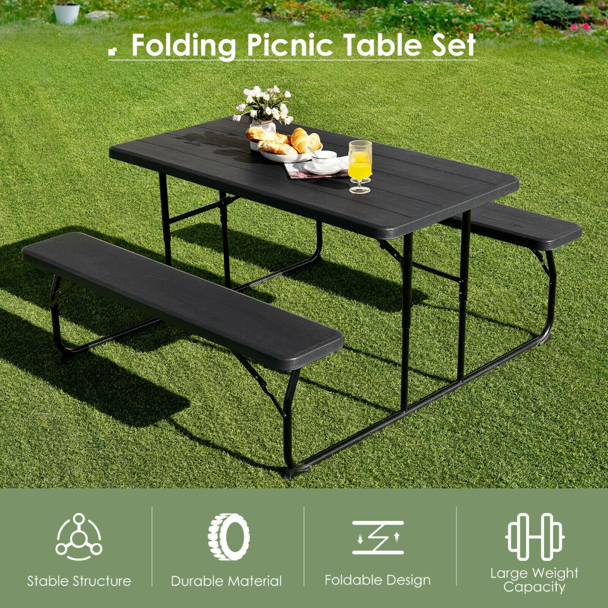 Foldable Picnic Table Bench Set with Anti-slip Pads-Grey