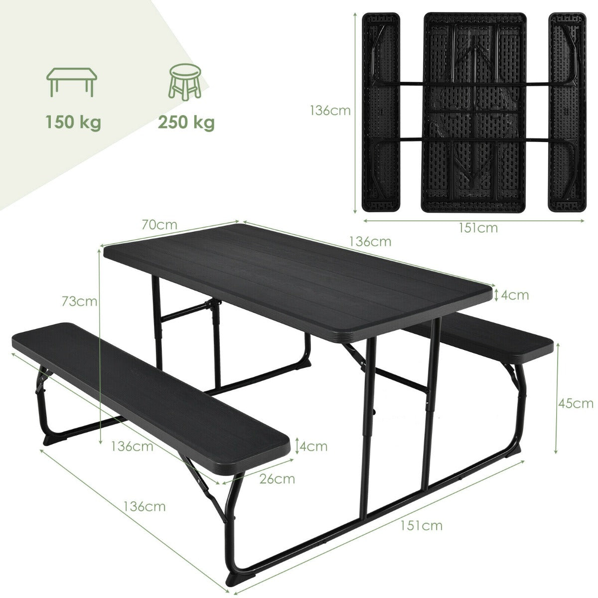 Foldable Picnic Table Bench Set with Anti-slip Pads-Grey