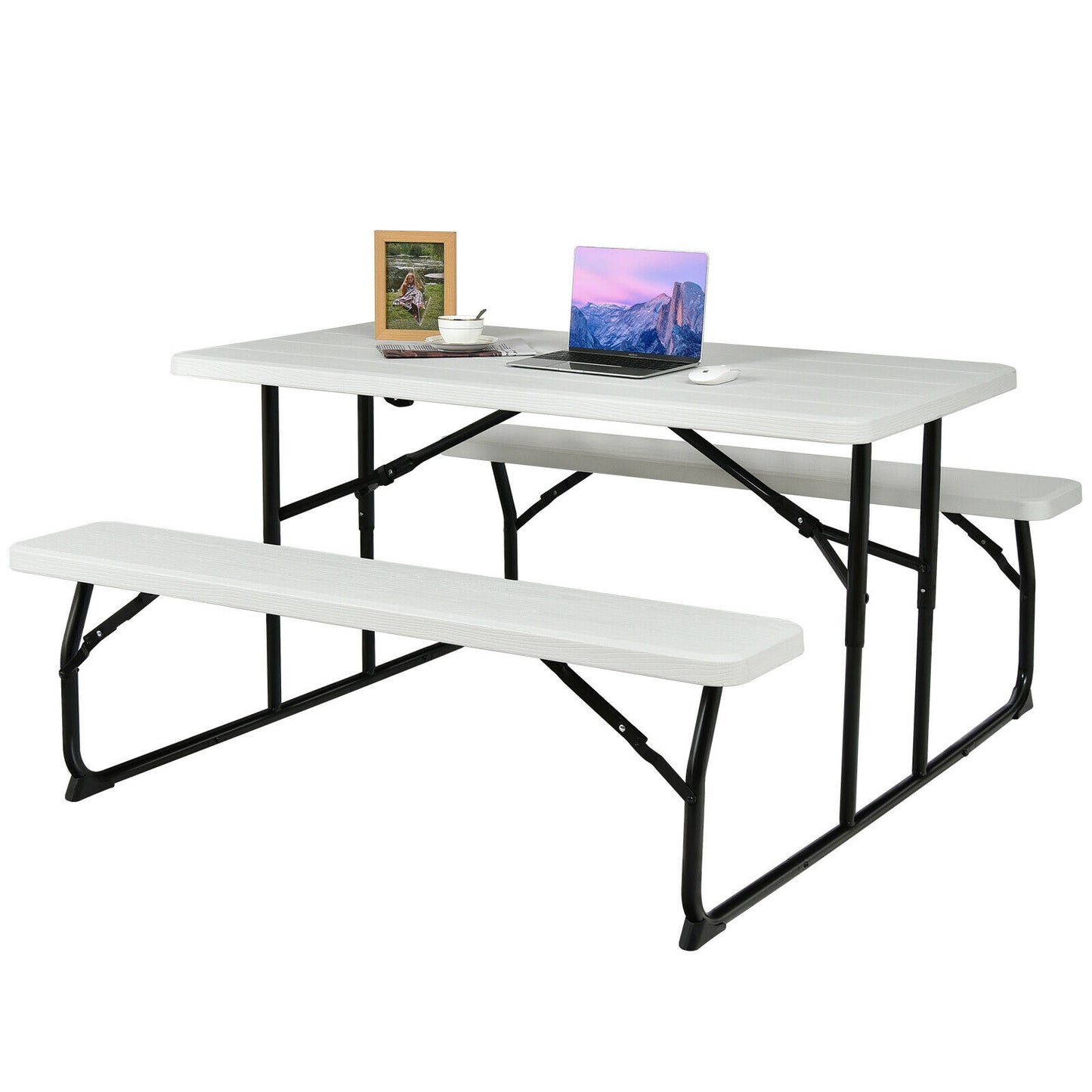 Foldable Picnic Table Bench Set with Anti-slip Pads-Grey