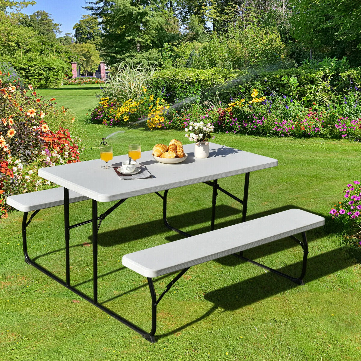 Foldable Picnic Table Bench Set with Anti-slip Pads-Grey
