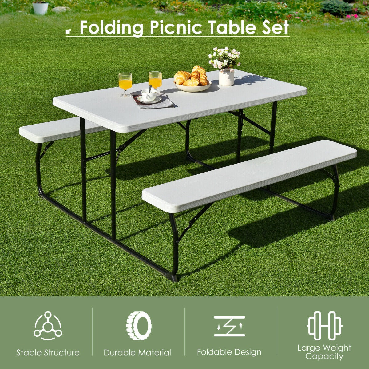 Foldable Picnic Table Bench Set with Anti-slip Pads-Grey