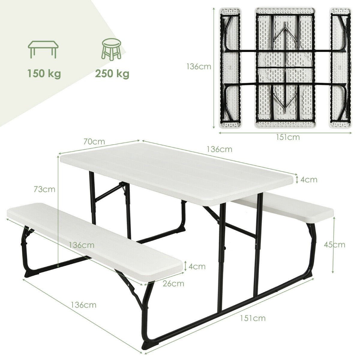 Foldable Picnic Table Bench Set with Anti-slip Pads-Grey