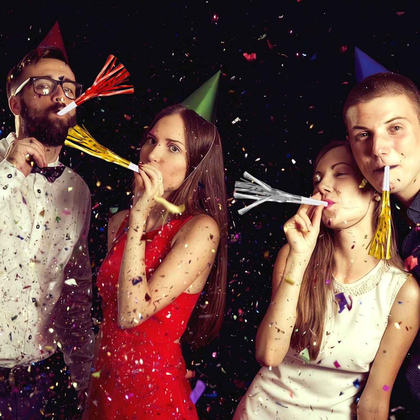 Openfly 48Pcs Happy New Year Noise Makers – Colorful Fringe Blowouts for Parties