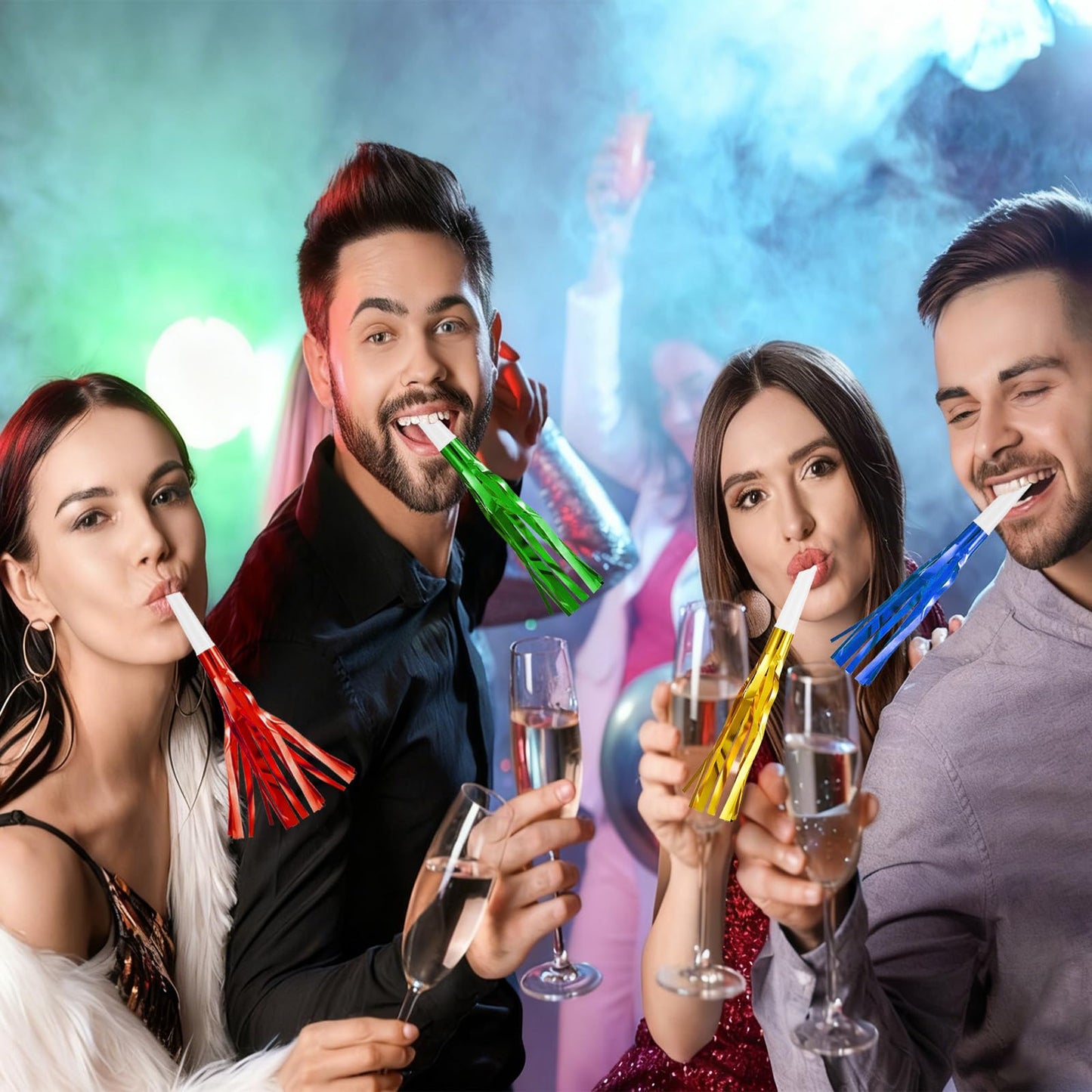 Openfly 48Pcs Happy New Year Noise Makers – Colorful Fringe Blowouts for Parties