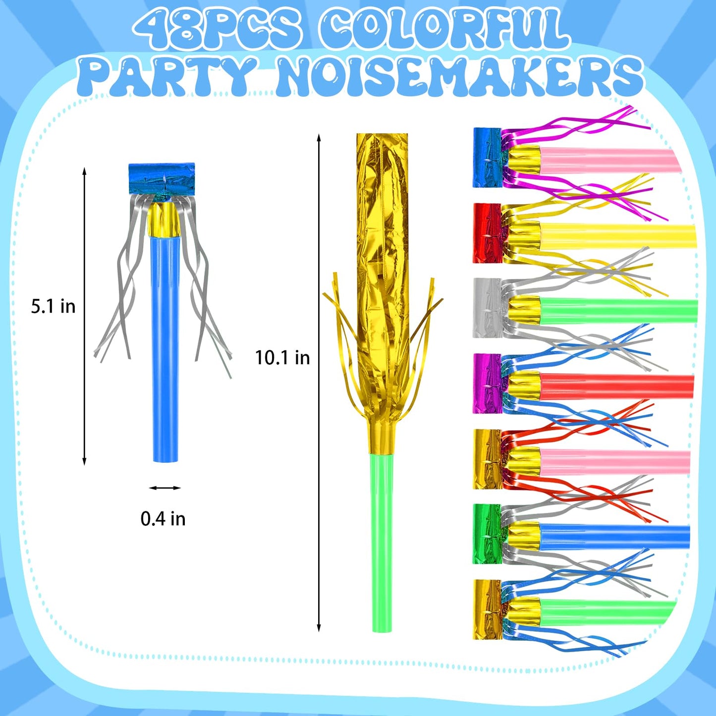 Openfly 48Pcs New Years Noise Makers – Multicolor Glitter Fringed Party Blowouts