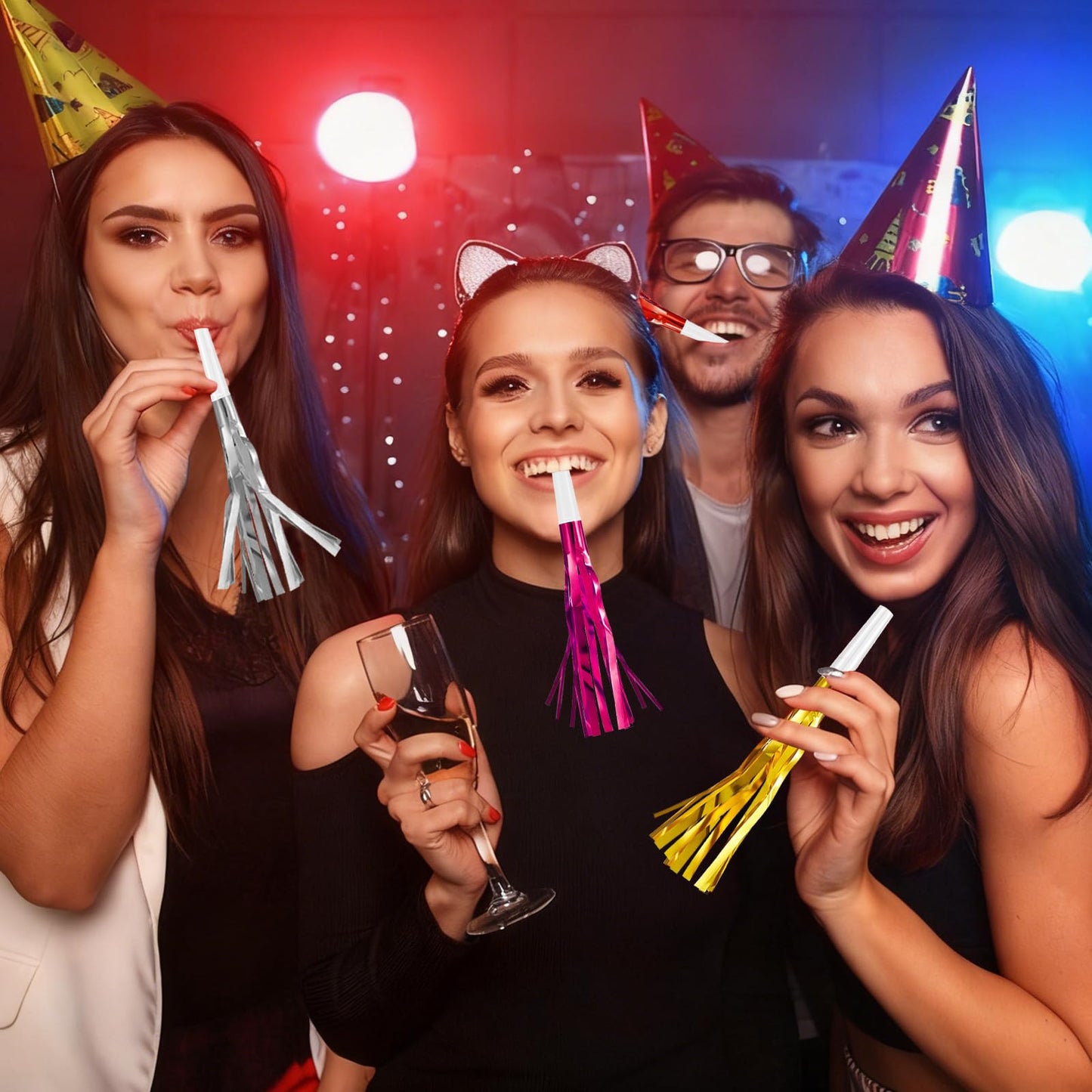 Openfly 48Pcs Happy New Year Noise Makers – Colorful Fringe Blowouts for Parties