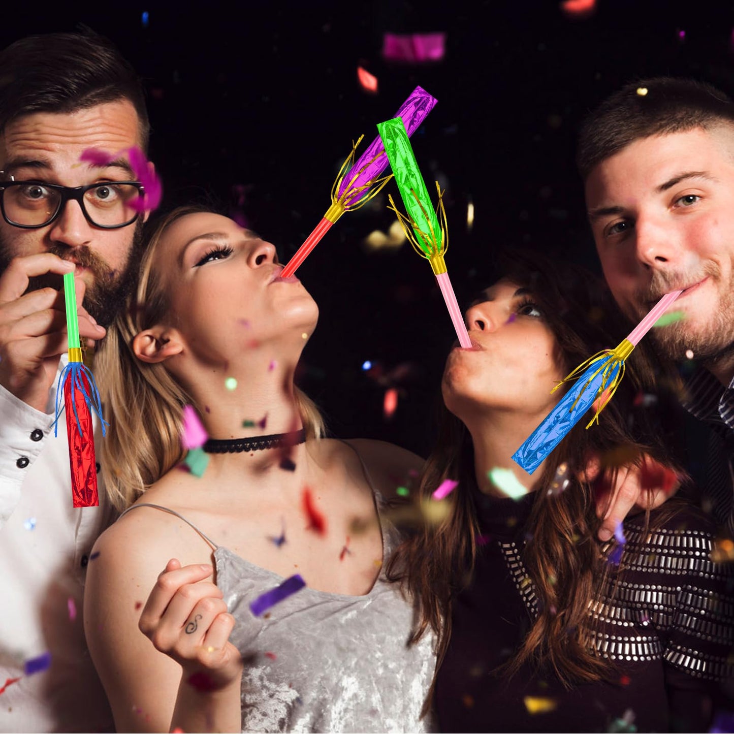 Openfly 48Pcs New Years Noise Makers – Multicolor Glitter Fringed Party Blowouts