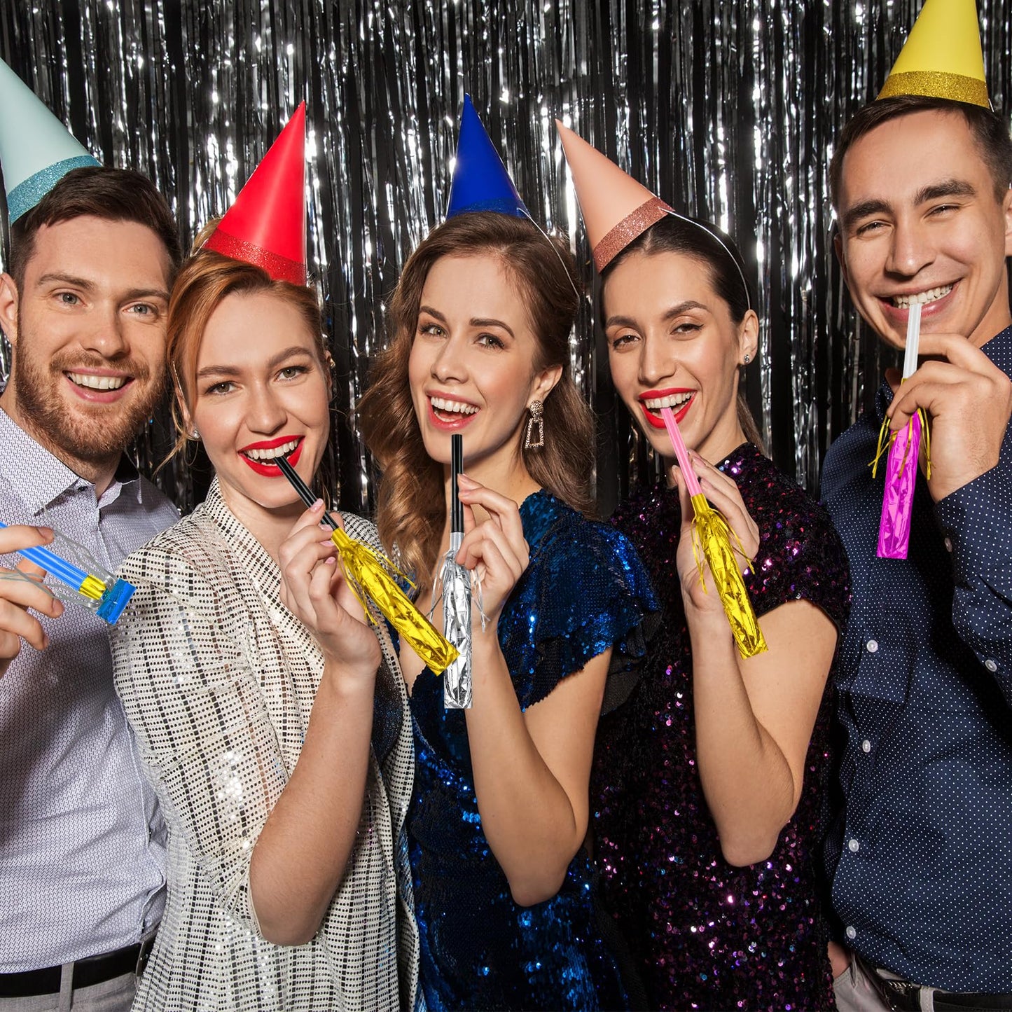 Openfly 48Pcs New Year Noise Makers – Multicolored Fringe Party Blowouts for Celebrations