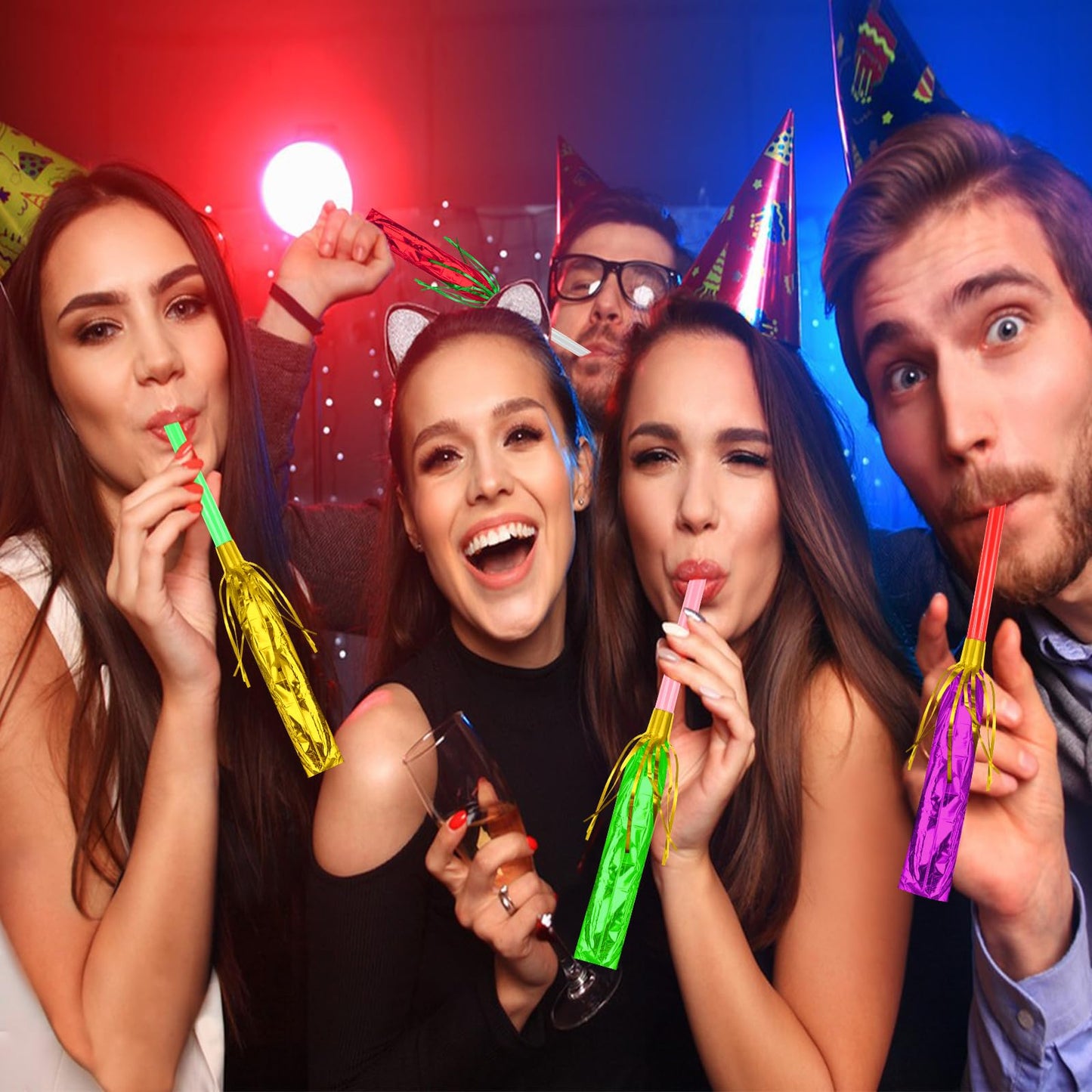 Openfly 48Pcs New Years Noise Makers – Multicolor Glitter Fringed Party Blowouts