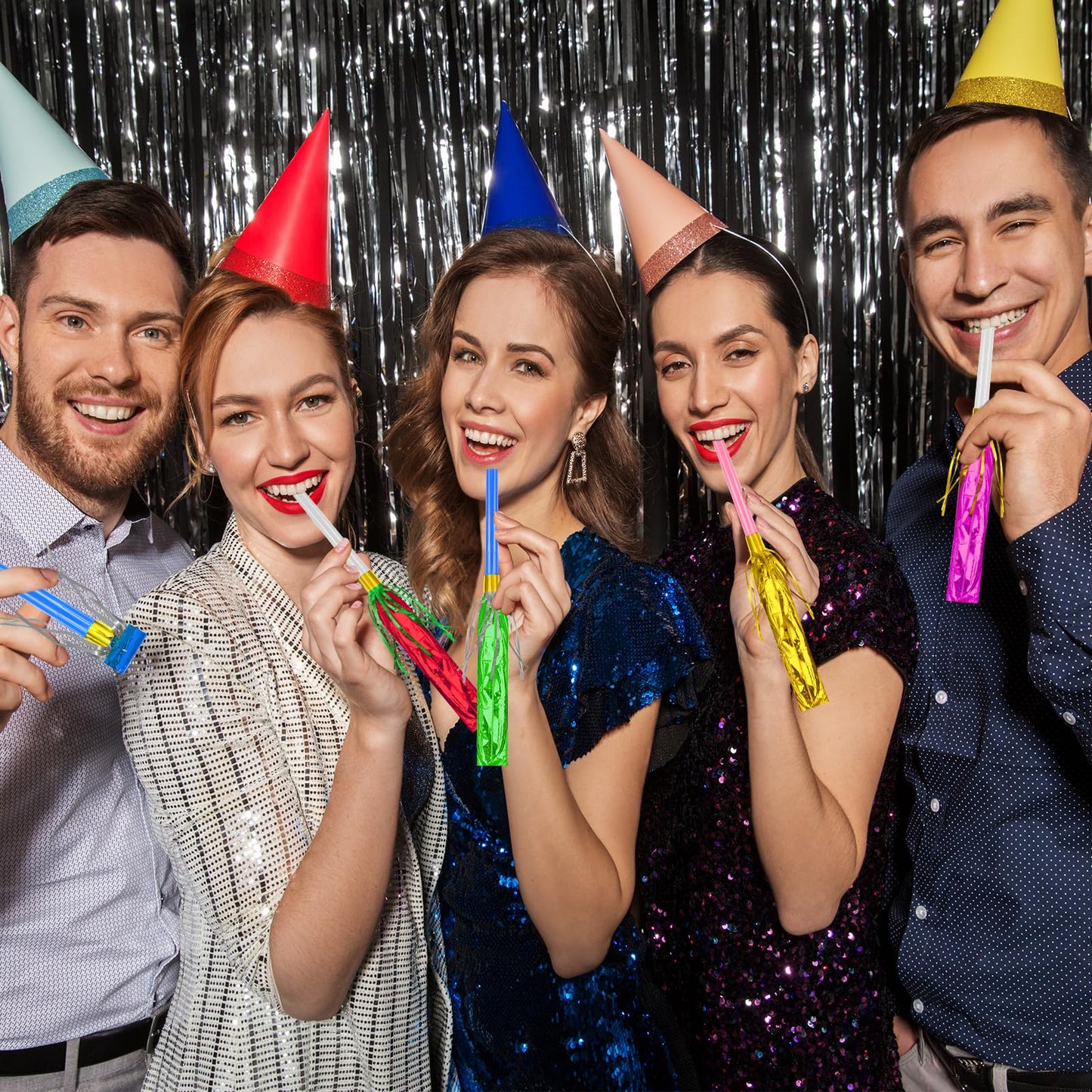 Openfly 48Pcs New Years Noise Makers – Multicolor Glitter Fringed Party Blowouts