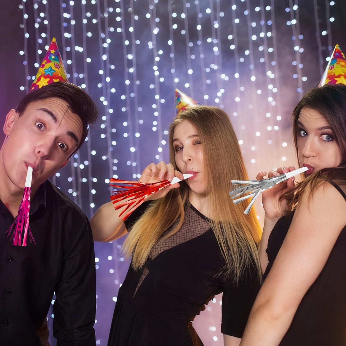 Openfly 48Pcs Happy New Year Noise Makers – Colorful Fringe Blowouts for Parties