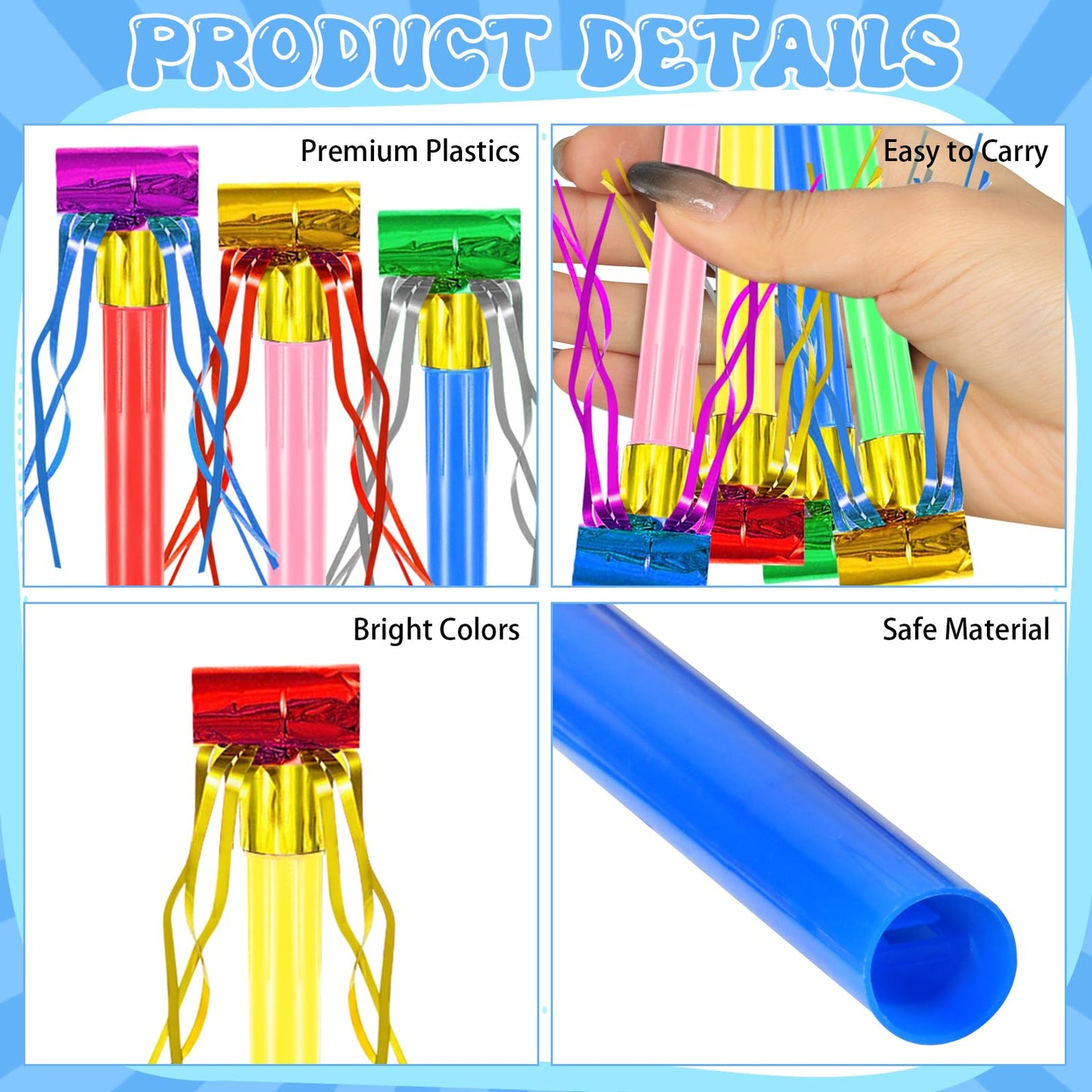 Openfly 48Pcs New Years Noise Makers – Multicolor Glitter Fringed Party Blowouts