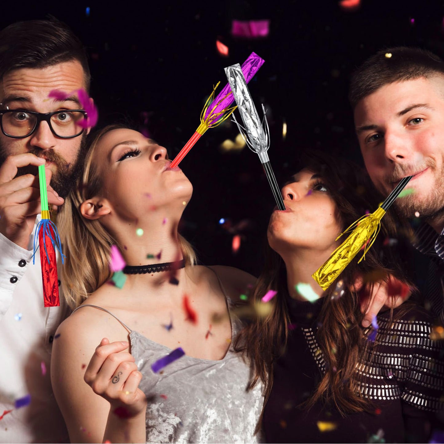 Openfly 48Pcs New Year Noise Makers – Multicolored Fringe Party Blowouts for Celebrations
