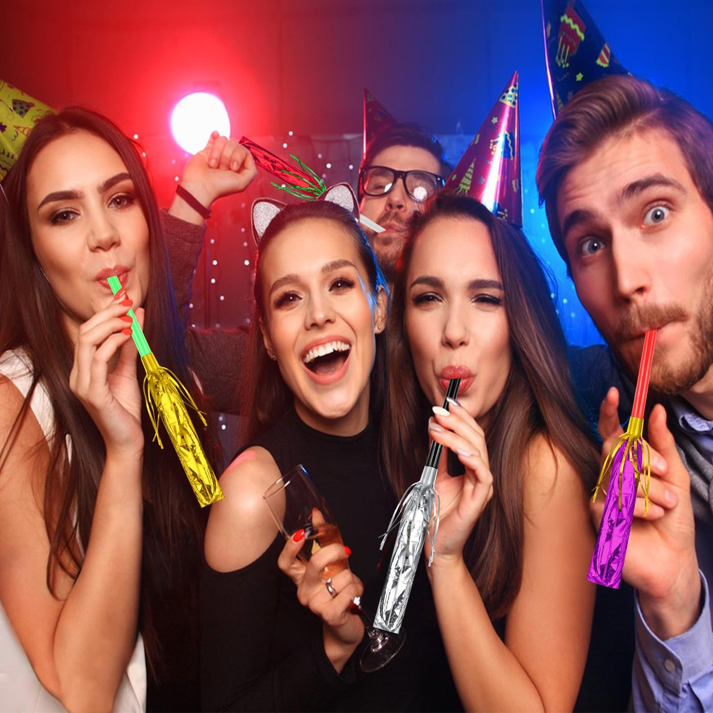 Openfly 48Pcs New Year Noise Makers – Multicolored Fringe Party Blowouts for Celebrations