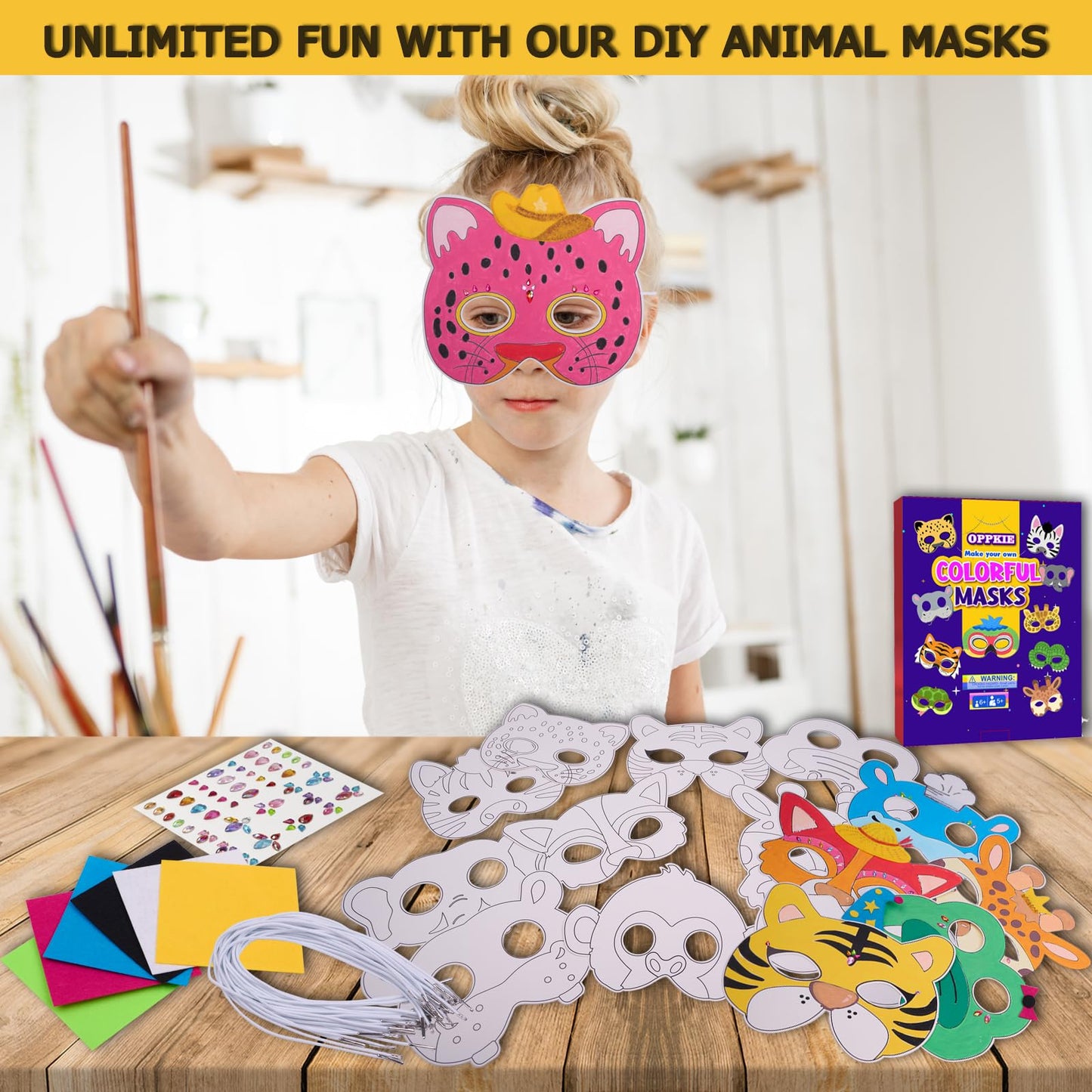 OPPKIE DIY 20-Piece Animal Mask Kit with Gem Stickers & Felt | Kids Party Favors & Craft Supplies
