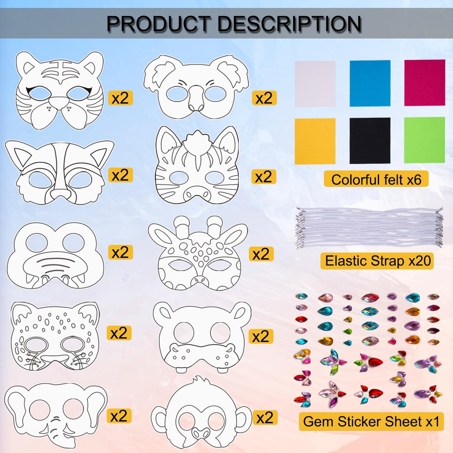 OPPKIE DIY 20-Piece Animal Mask Kit with Gem Stickers & Felt | Kids Party Favors & Craft Supplies