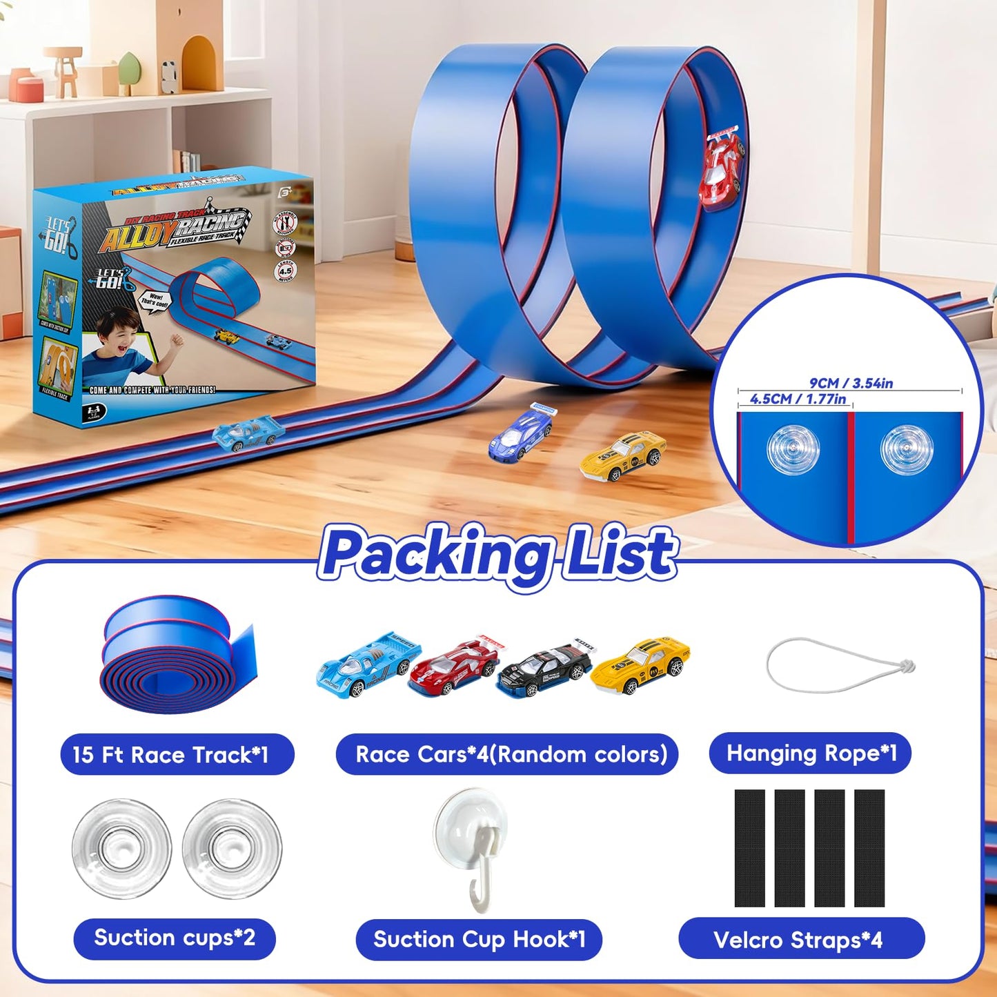 Oppvoci Upgrade Flexible Race Track – 15ft Dual-Lane Ramp with 4 Cars (1/64 Diecast) – Blue